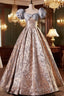 Fashion Floor-Length Printing Formal Prom Dress, A-Line Short Sleeve Backless Formal Dress