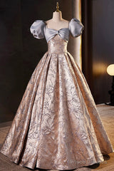 Fashion Floor-Length Printing Prom Dresses, A-Line Short Sleeve Backless Evening Formal Dresses
