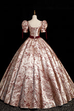 Fashion Floor-Length Printing Prom Dresses, Square Neckline Short Sleeve Backless Bow Sash Prom Formal Dresses