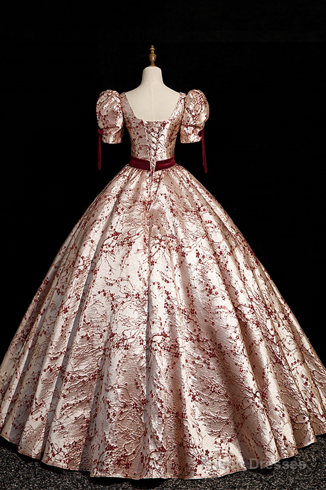 Fashion Floor-Length Printing Prom Dresses, Square Neckline Short Sleeve Backless Bow Sash Prom Formal Dresses