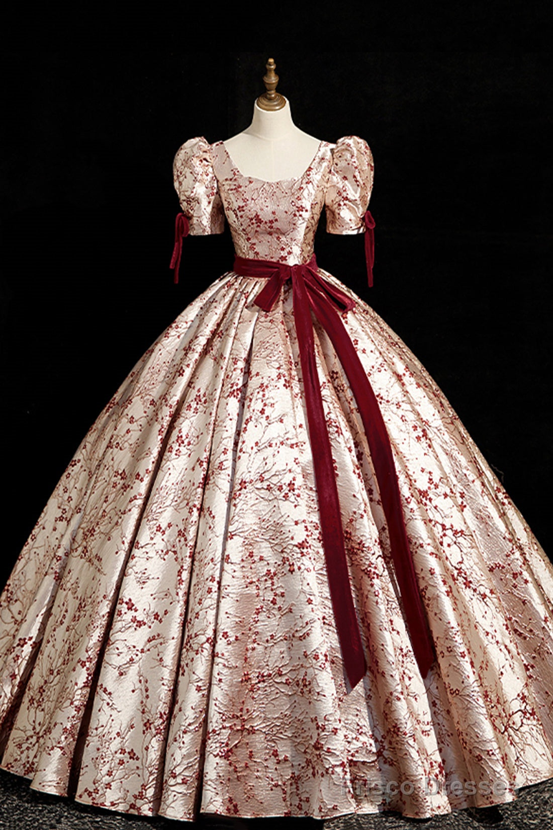 Fashion Floor-Length Printing Prom Dresses, Square Neckline Short Sleeve Backless Bow Sash Prom Formal Dresses