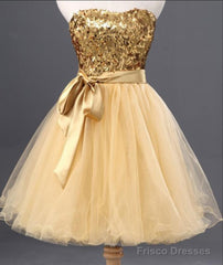Fashion Gold Sequins Bow Sash Sweetheart Strapless Short Cute Homecoming Dresses