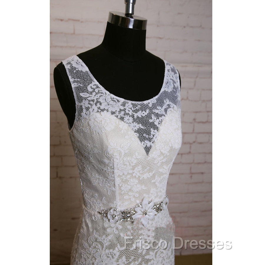 Fashion Ivory Lace Elegant Scoop Neck Open Back Vintage Column Sweep Trailing Wedding Dress, Secondary image