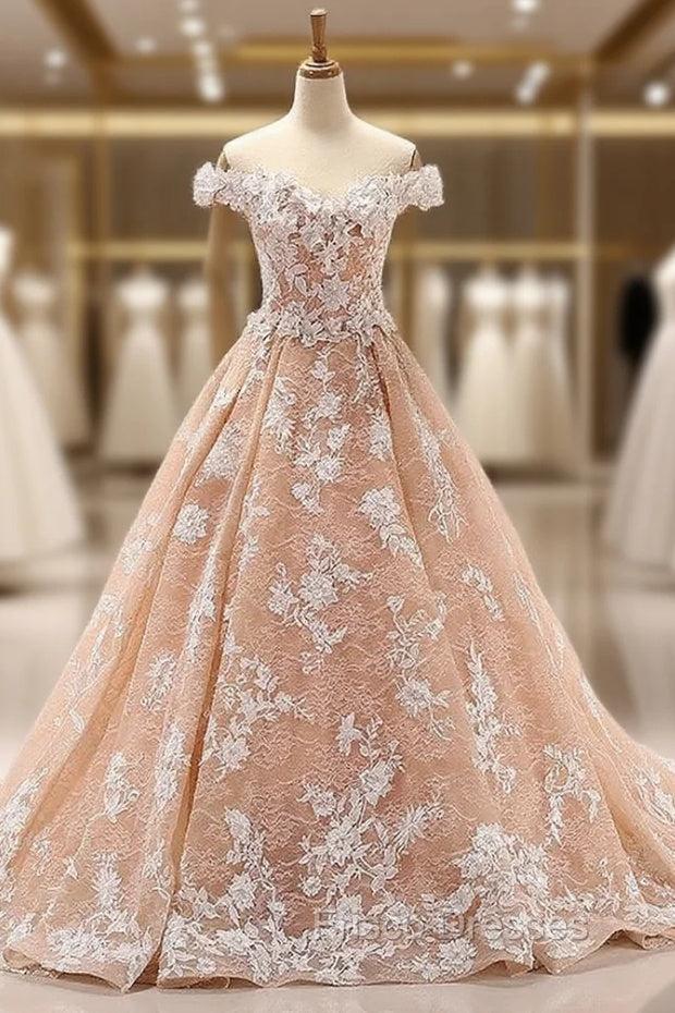 Fashion Pink Off The Shoulder Appliques Tulle Wedding Dress Main image