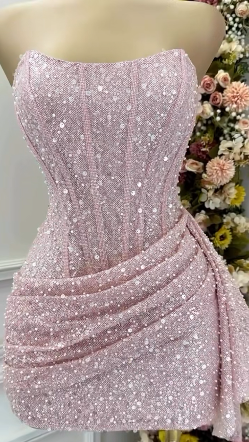 Fashion Pink Strapless Bodycon Short Prom Dresses Glitter Sequin Homec