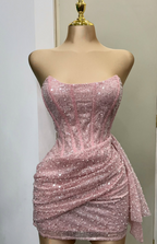 Fashion Pink Strapless Bodycon Short Prom Dresses Glitter Sequin Homecoming Dresses