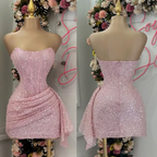Fashion Pink Strapless Bodycon Short Prom Dresses Glitter Sequin Homecoming Dresses