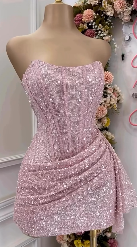 Fashion Pink Strapless Bodycon Short Prom Dresses Glitter Sequin Homecoming Dresses