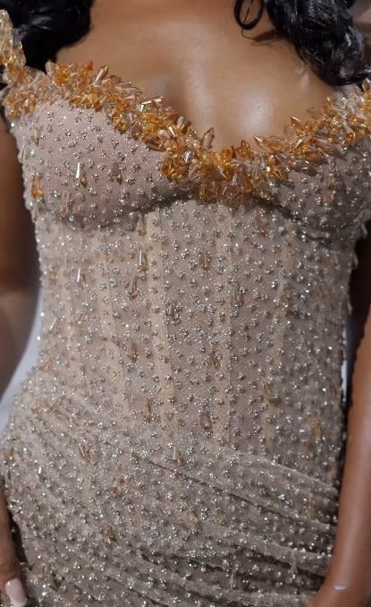 Elegant Strapless Shiny Beaded Sequin Long Prom Dresses Formal Evening Dresses With Slit