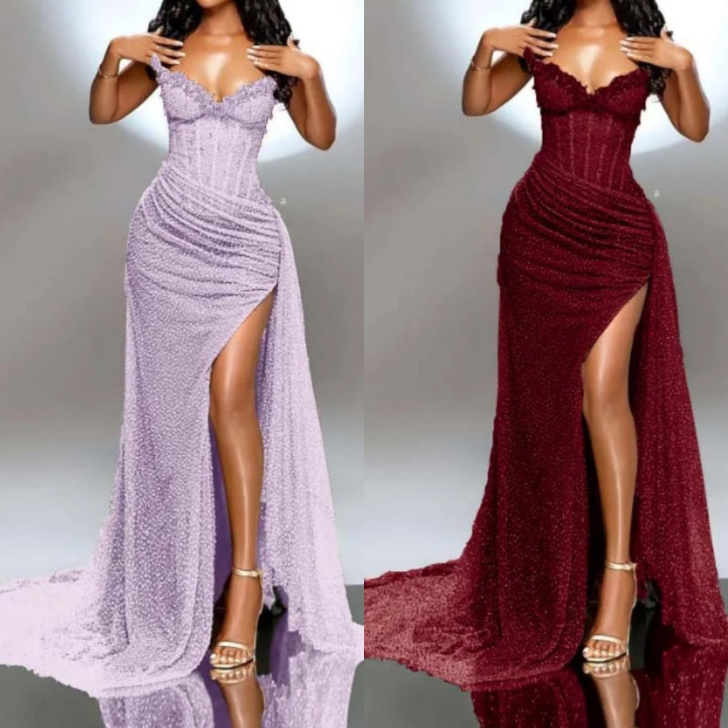 Elegant Strapless Shiny Beaded Sequin Long Prom Dresses Formal Evening Dresses With Slit