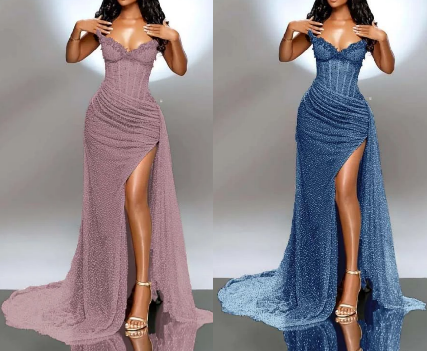 Elegant Strapless Shiny Beaded Sequin Long Prom Dresses Formal Evening Dresses With Slit