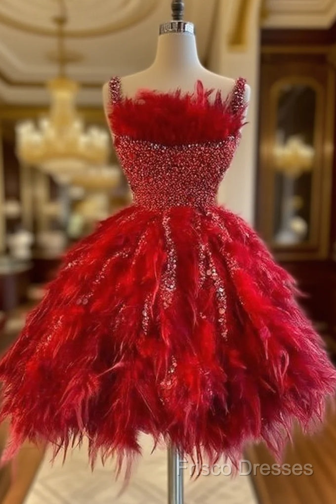 Fashion Red Feather Sequined Cocktail Dress Spaghetti Straps Short Party Gowns Luxurious Homecoming Dress Main image