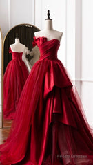 Fashion Tulle Satin Long Evening Dress Red Prom Dress