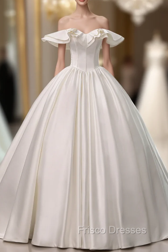 Fashion White Ball Gown Satin Off the Shoulder Wedding Dress With Long Train With Long Train Main image
