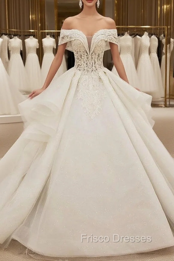 Fashion White Ball Gown Tulle Off the Shoulder Wedding Dress With Beading Main image