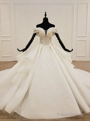 Fashion White Ball Gown Tulle Off the Shoulder Wedding Dress With Beading