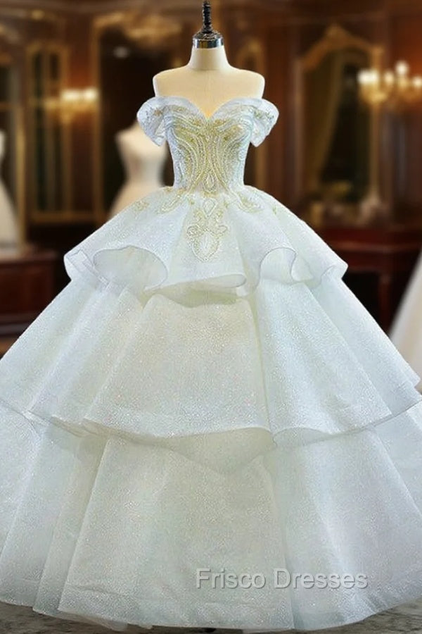 Fashion White Ball Gown Tulle Sequins Off the Shoulder Beading Wedding Dress Main image