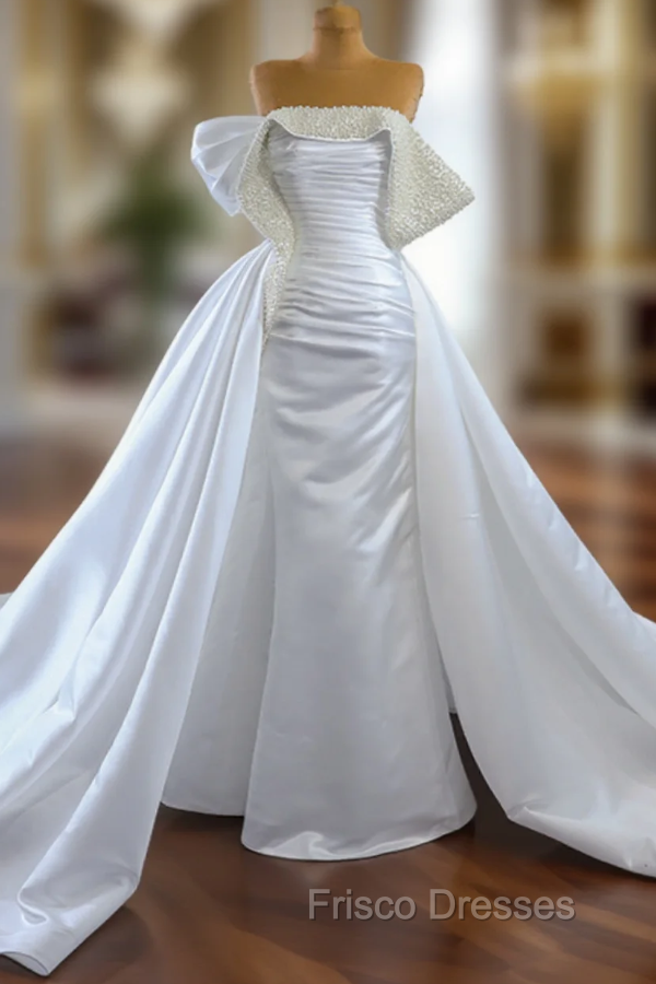 Fashion White Satin Strapless Pleats Pearls Wedding Dress Main image