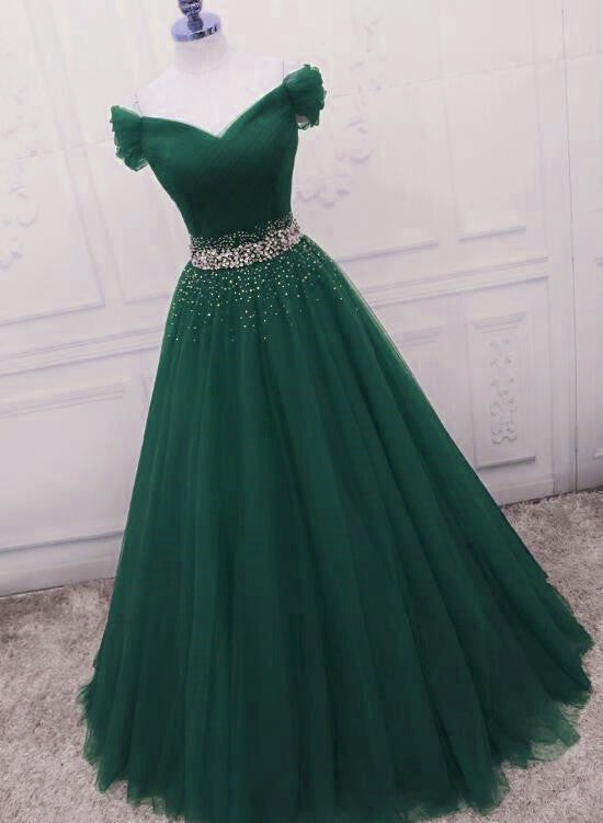 Fashionable Dark Green Long Beade Formal Dress, Green Prom Dress Main image