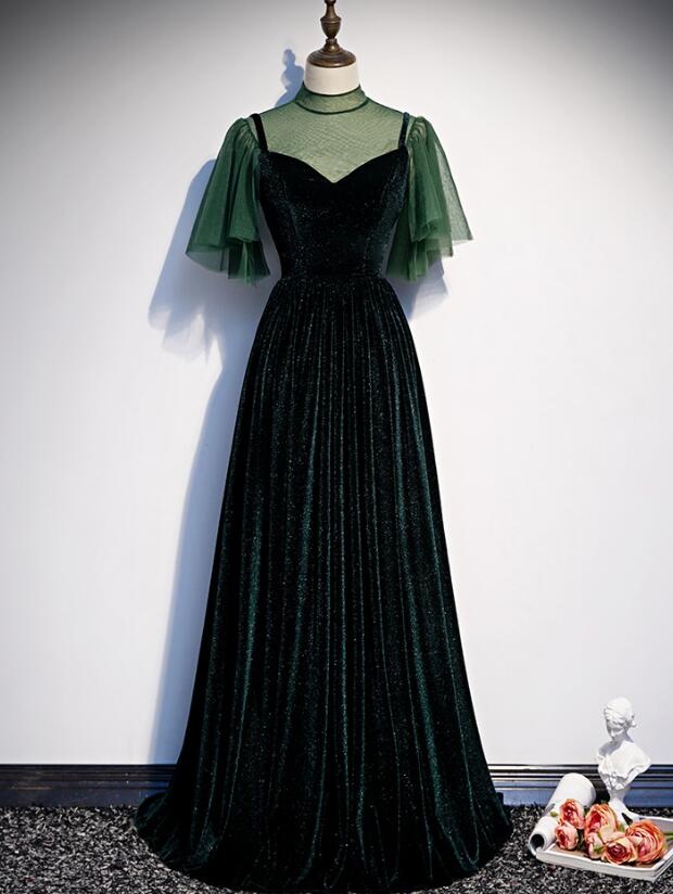 Fashionable Dark Green Velvet Long Party Gown, Green Bridesmaid Dress Main image