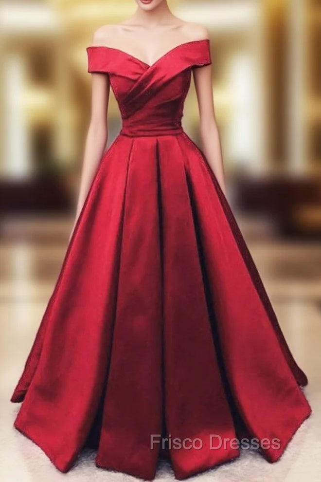 Fashionable Dark Red Satin Simple Off Shoulder Formal Prom Dress, Red Party Dress Evening Dress Main image