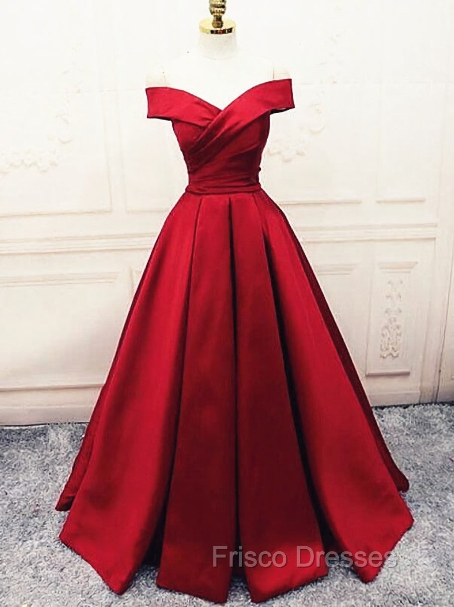 Fashionable Dark Red Satin Simple Off Shoulder Formal Prom Dress, Red Party Dress Evening Dress Secondary image