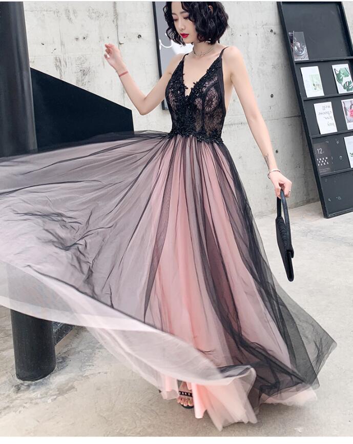 Fashionable Pink And Black Tulle V-Neckline Party Dress, Pink Lace Applique Evening Gown Secondary image
