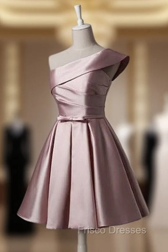 Fashionable Pink Knee Length Satin Short Formal Prom Dress, One Shoulder Bridesmaid Dress Secondary image
