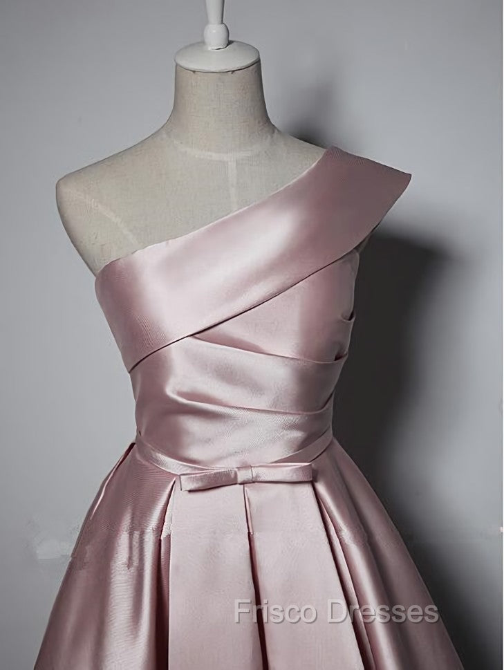 Fashionable Pink Knee Length Satin Short Formal Prom Dress, One Shoulder Bridesmaid Dress