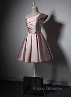 Fashionable Pink Knee Length Satin Short Formal Prom Dress, One Shoulder Bridesmaid Dress