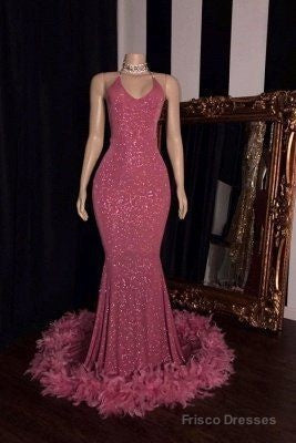 Fashionable Spaghetti Straps V-Neck Sequined Mermaid Prom Dresses