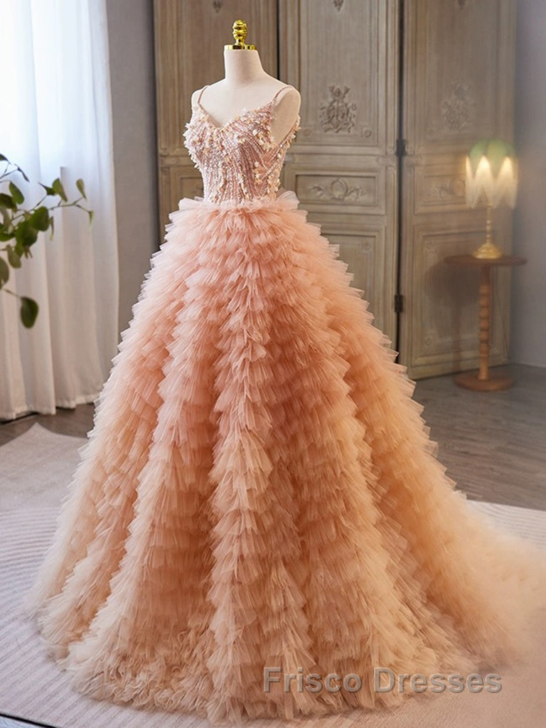 Unique V Neck Tulle Sequin Orange Pink Long Formal Prom Dress, Orange Pink Sweet 16 Dress