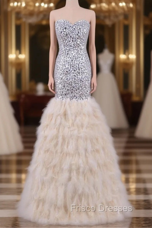 Feather Mermaid Evening Dress Crystals Bling Formal Prom Party Dress Main image