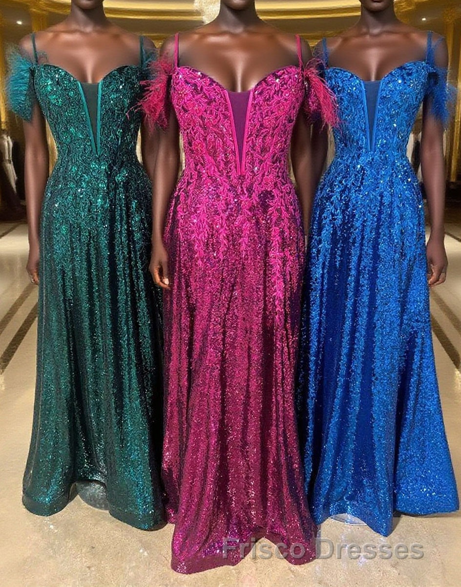 Feathered Cold Shoulder Sequin Long Formal Prom Dress with Appliques