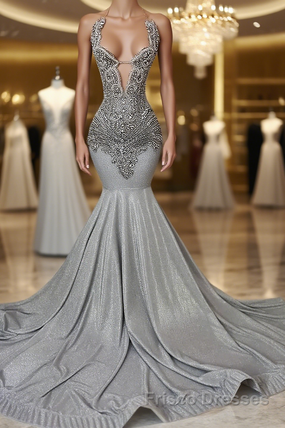Silver Halter Mermaid Formal Prom Dresses with Beadings Main image