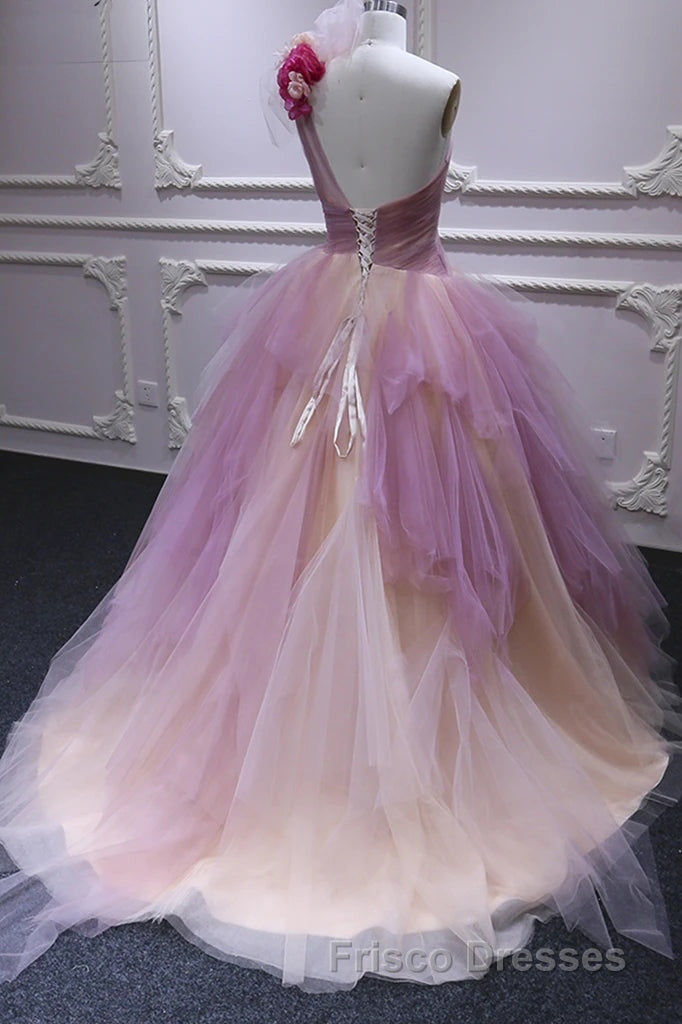 Puffy One Shoulder Sleeveless Tulle Formal Prom Dress with Flowers, Ruffles Quinceanera Dress
