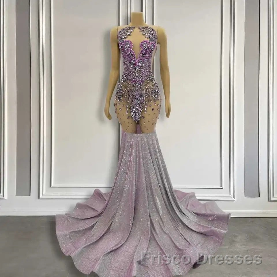 Purple Mermaid Formal Prom Dresses Sleeveless with Long Beadings