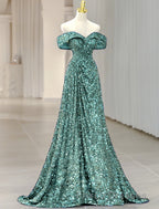 A-Line Evening Gown Elegant Dress Formal Prom Wedding Guest Sweep / Brush Train Sleeveless Off Shoulder Sequined with Glitter Sequin Masquerade Dress