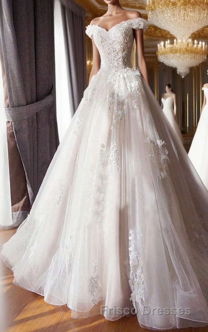 Ball Gown Off Shoulder Sleeveless Sweetheart Appliques Beading Tulle Wedding Dress