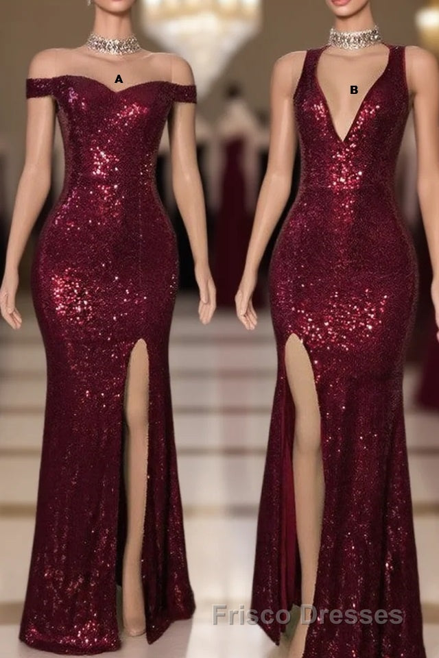 Long Mermaid Burgundy Sequin Formal Prom Dress Glitter Split Evening Gown Main image