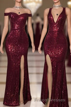 Long Mermaid Burgundy Sequin Formal Prom Dress Glitter Split Evening Gown