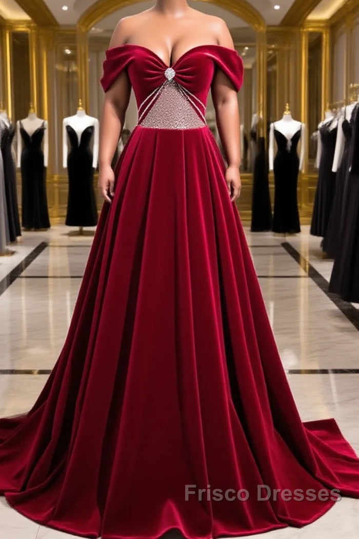 Burgundy Velvet Long Formal Prom Dress, Off the Shoulder Evening Party Dress