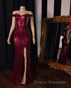 Long Mermaid Burgundy Sequin Formal Prom Dress Glitter Split Evening Gown