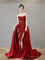 Burgundy Satin Sequins Long Prom Party Dress