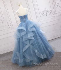 Blue Tulle Long Formal Prom Dress Blue Evening Gown