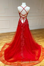 Red Long Formal Prom Dress Chic & Modern Lace Applique Straps Formal Prom Dress