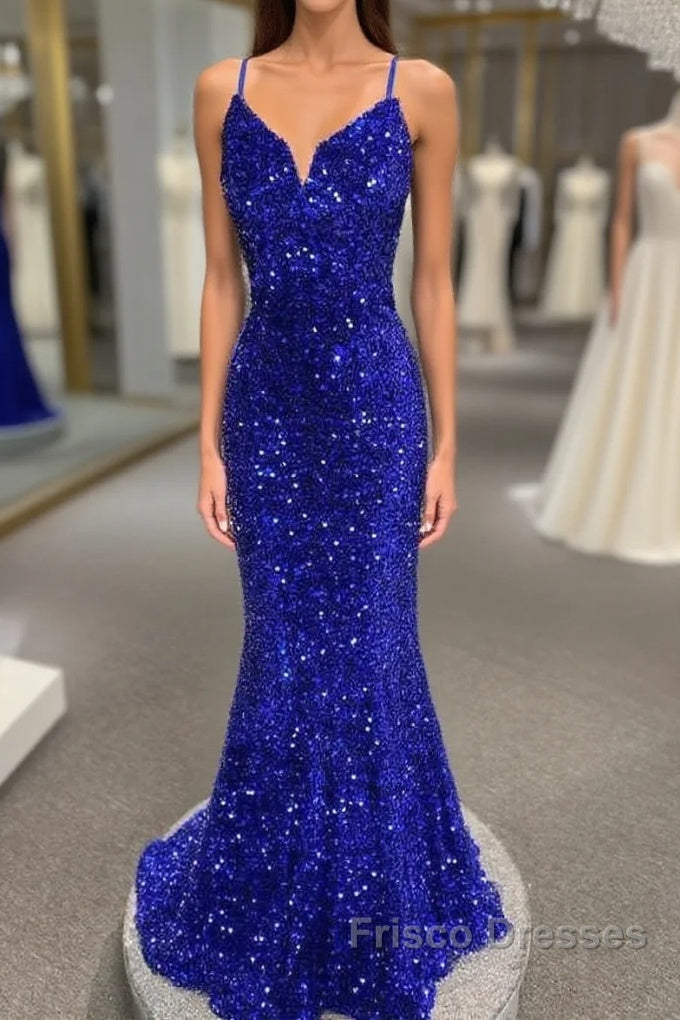 Spaghetti Straps Mermaid Sequin Long Evening Formal Prom Dress Main image