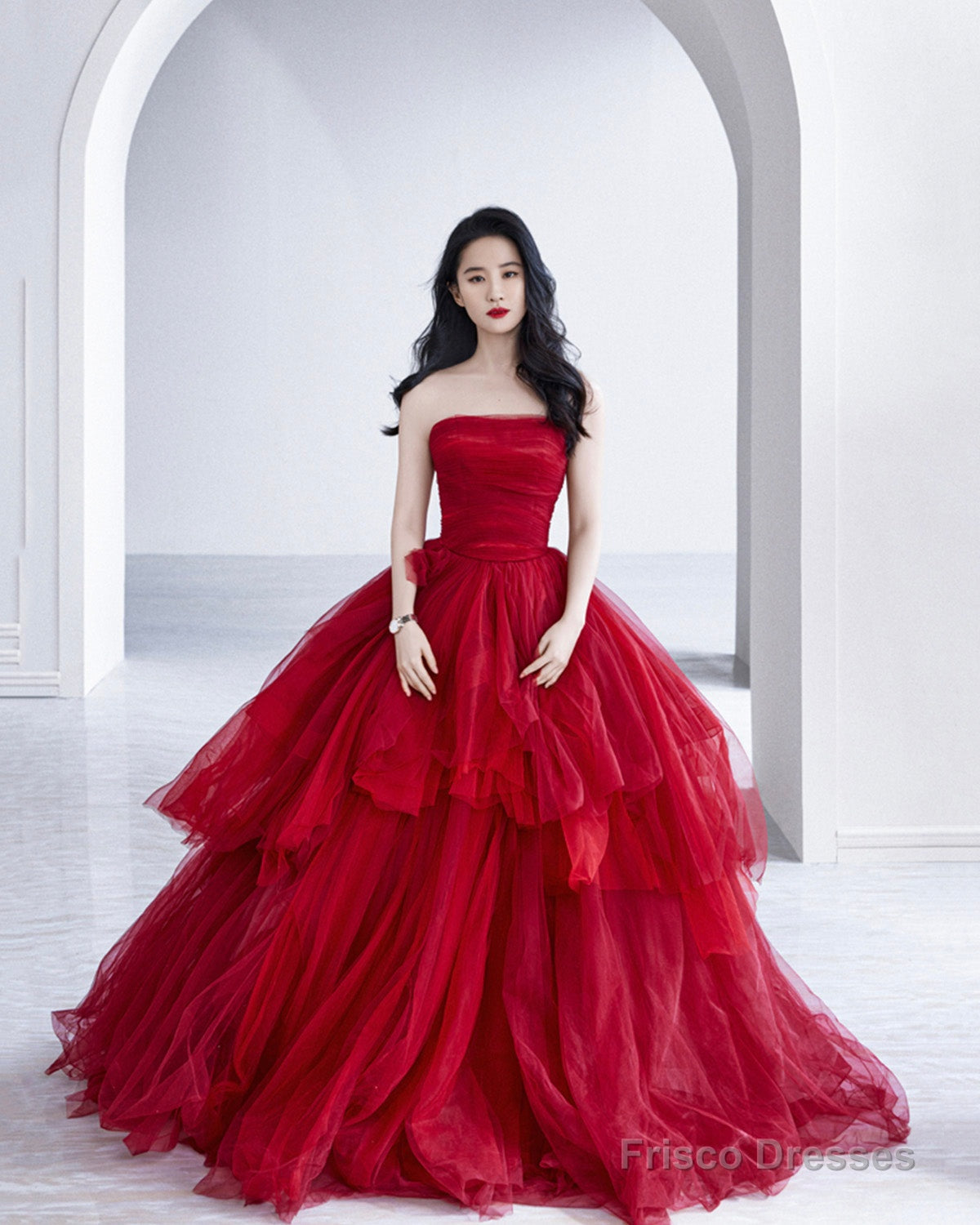 Red tulle long A line prom dress red evening dress Main image