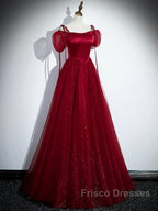 Burgundy Satin Tulle Floor Length Formal Prom Party Dress