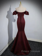 Burgundy Satin Long Formal Prom Dress, Mermaid Off the Shoulder Evening Party Dress